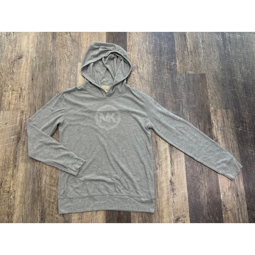 Michael Kors Womens Gray Waffle Knit Rhinestone MK Logo Hoodie Pullover Small